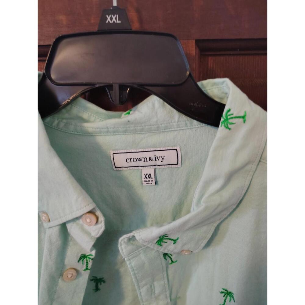 CROWN & IVY Button Shirt Mens Size XXL Lime with Green Embroidered Palm Trees - Picture 3 of 4